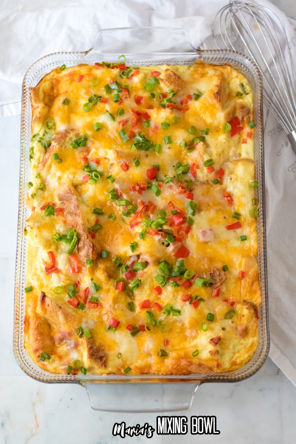 image of a overnight egg casserole in a glass baking dish