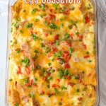 overnight egg casserole in a glass baking dish with the name in text for pinterest