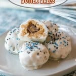 five peanut butter balls on a white plate with the name in text for pinterest