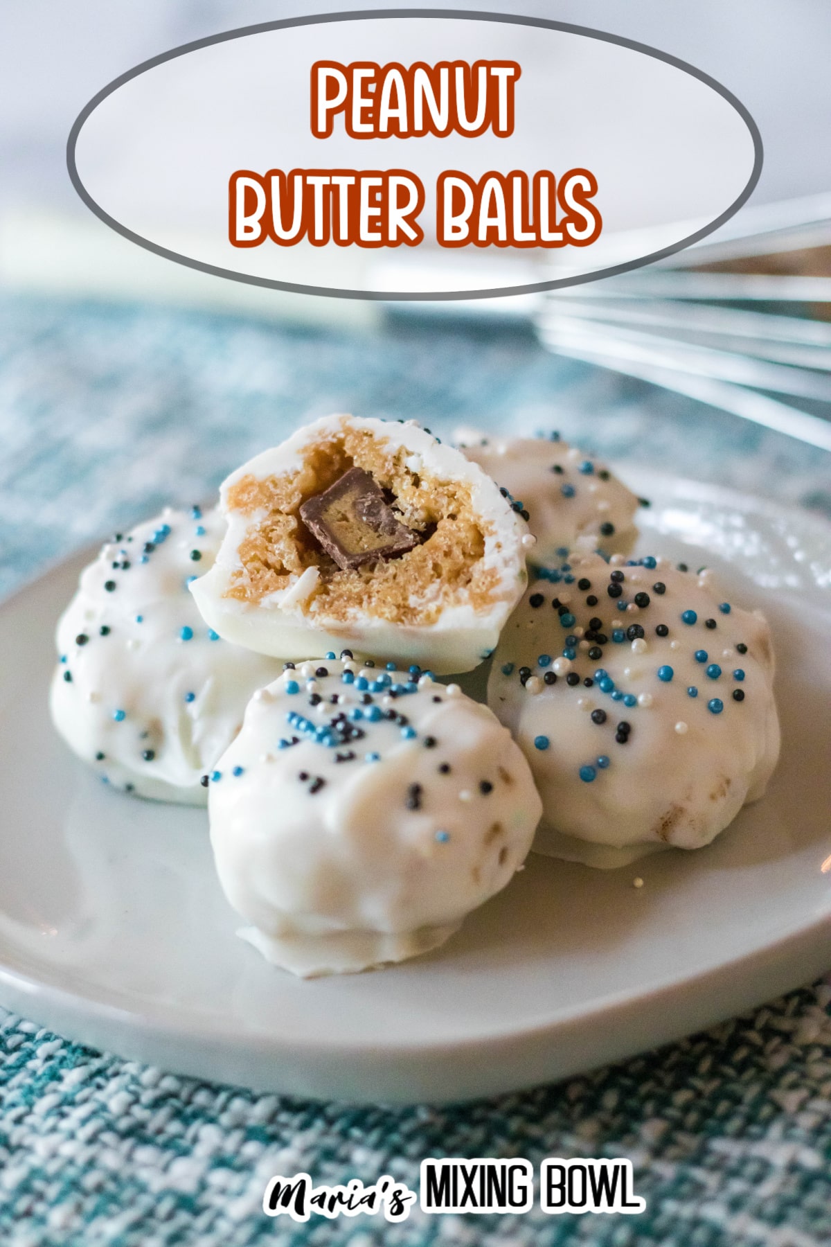 five peanut butter balls on a white plate with the name in text for pinterest