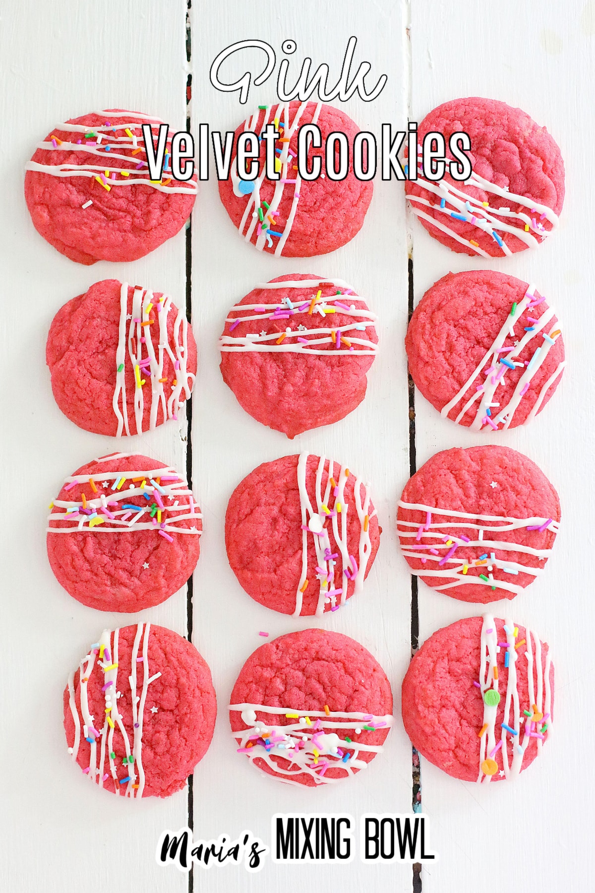 three rows of pink velvet cookies on a wooden background with the name in text for pinterest