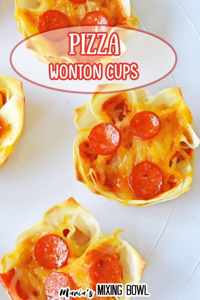pizza wontons cups on a white plate with the name in text for pinterest
