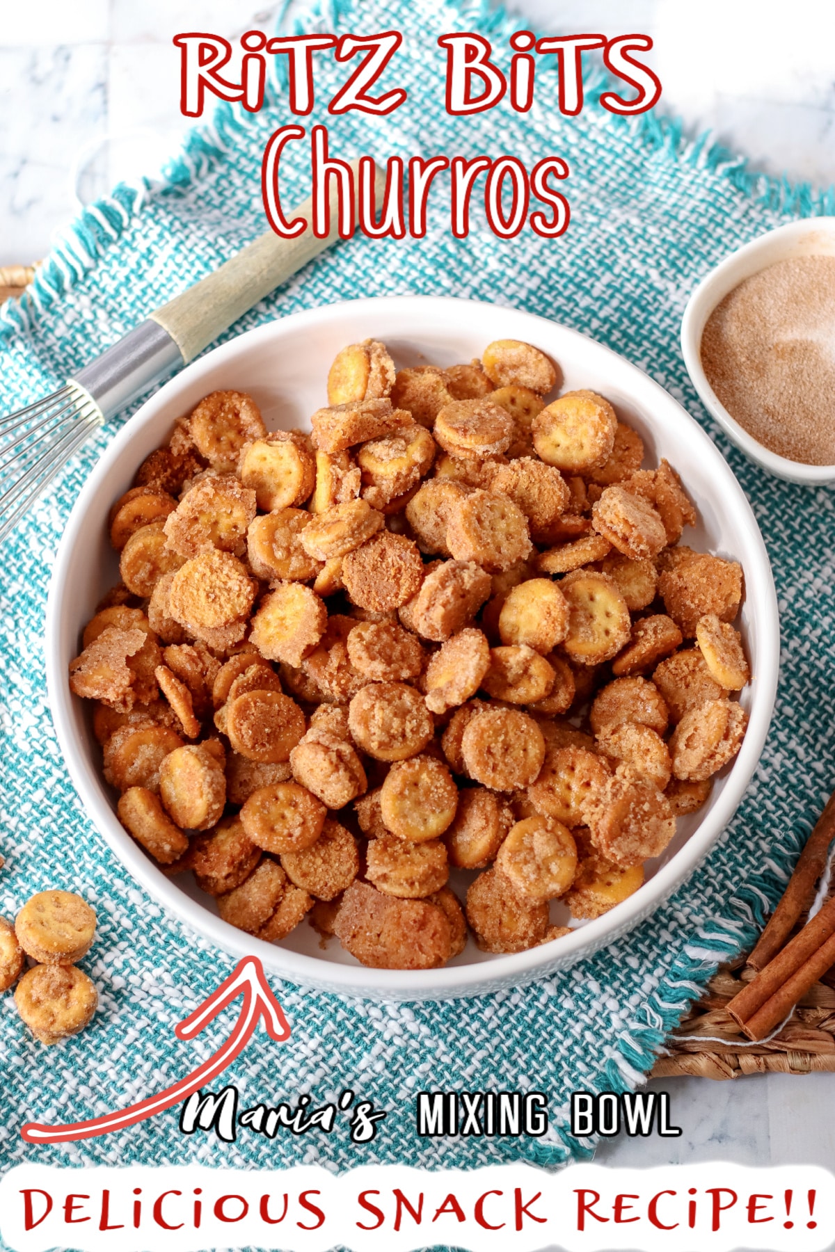white bowl filled with ritz bitz churros with the name in text for pinterest