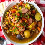 white bowl filled with slow cooker cowboy stew
