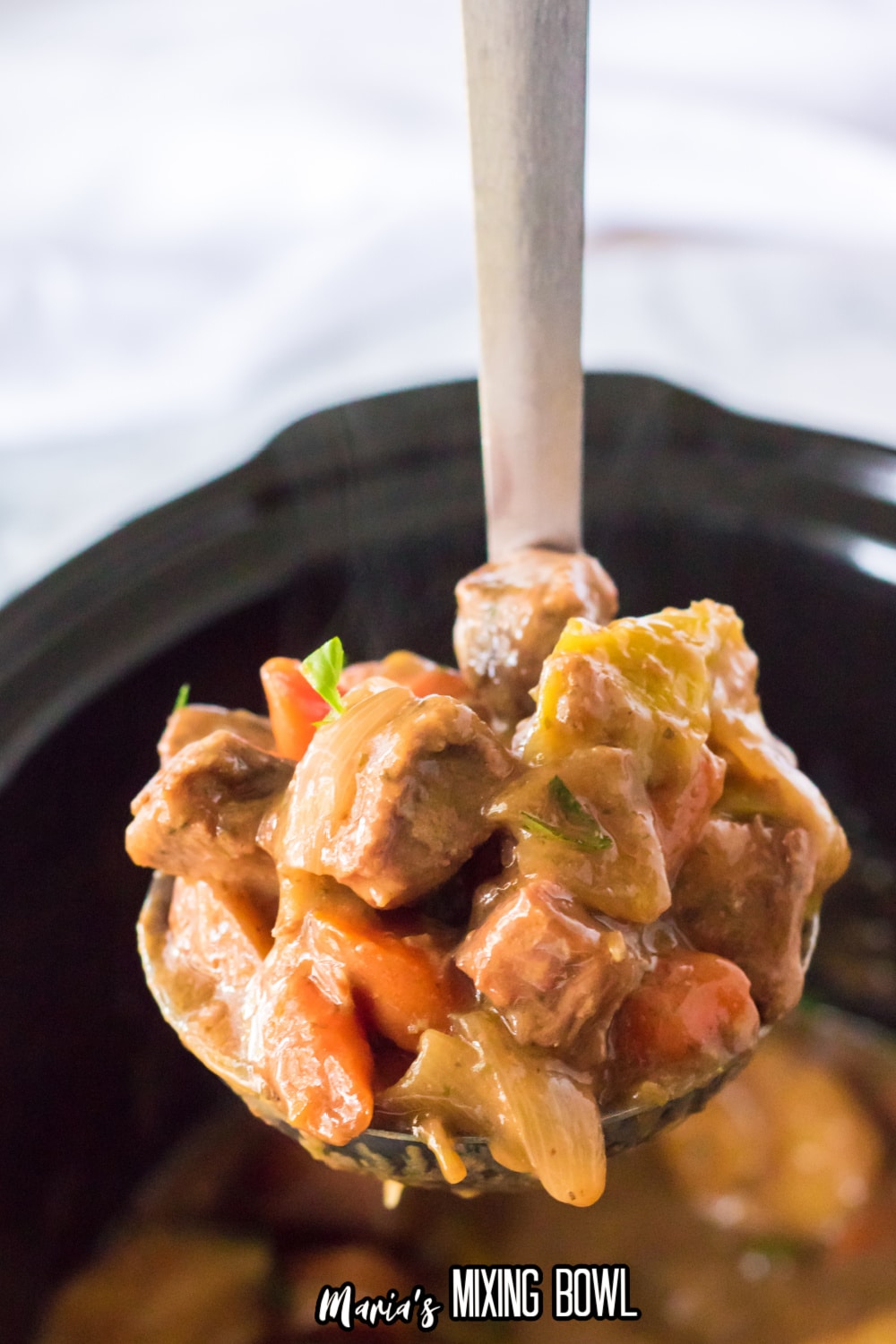 stainless steel ladle filled with beef stew held above a crockpot