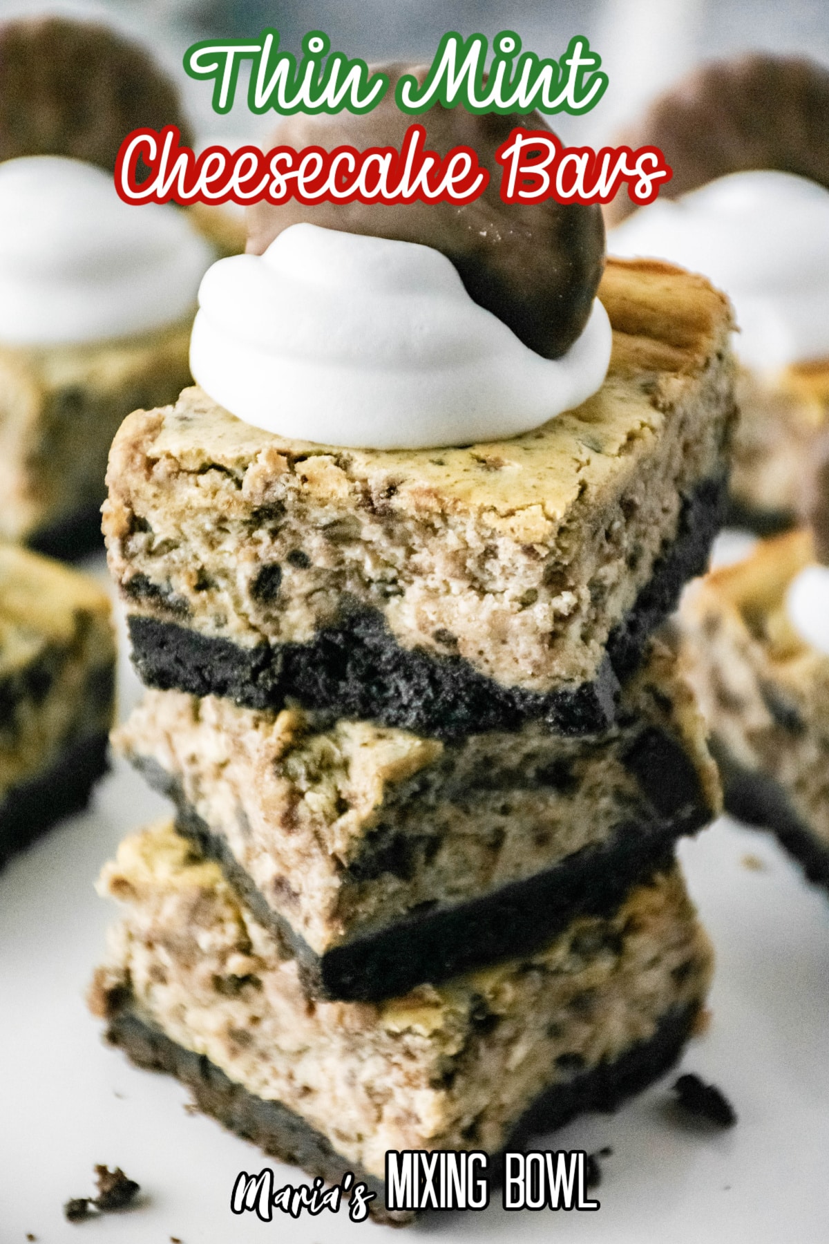 three thin mint cheesecake bars stacked with the name in text for pinterest