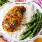 air fryer hot honey chicken breast on top of a bed of rice