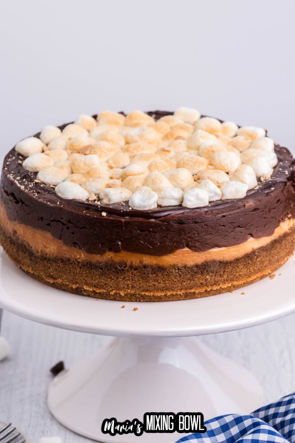 air fryer smores cheesecake on a white cake stand