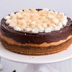 uncut air fryer smores cheesecake on a white cake stand