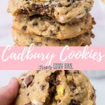 close up of cadbury cookies with the name "cadbury cookies" in text for pinterest