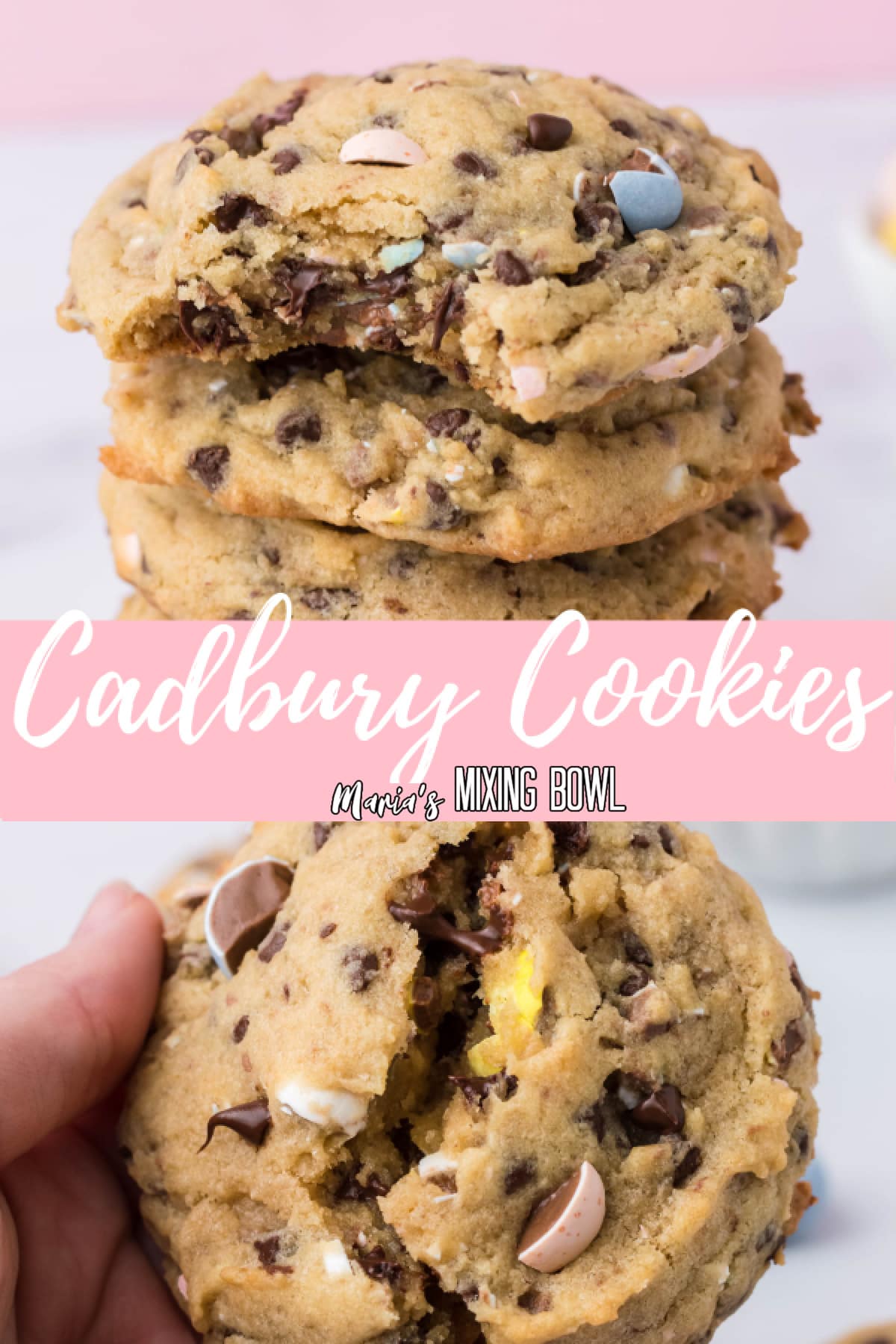 close up of cadbury cookies with the name "cadbury cookies" in text for pinterest