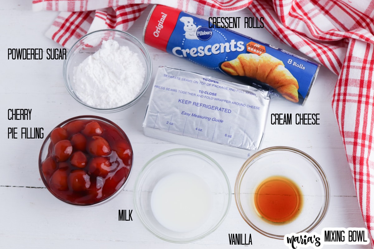 crescent rolls, powdered sugar, cherry pie filling, milk, vanilla, and cream cheese