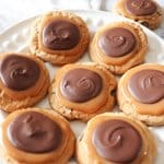 chocolate caramel cookies on a white plate