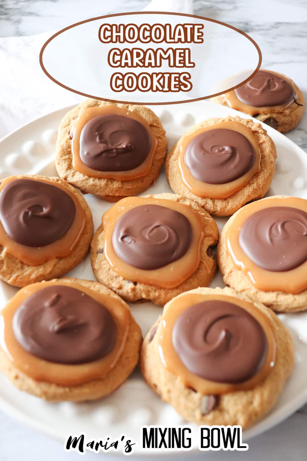 chocolate caramel cookies on a white plate