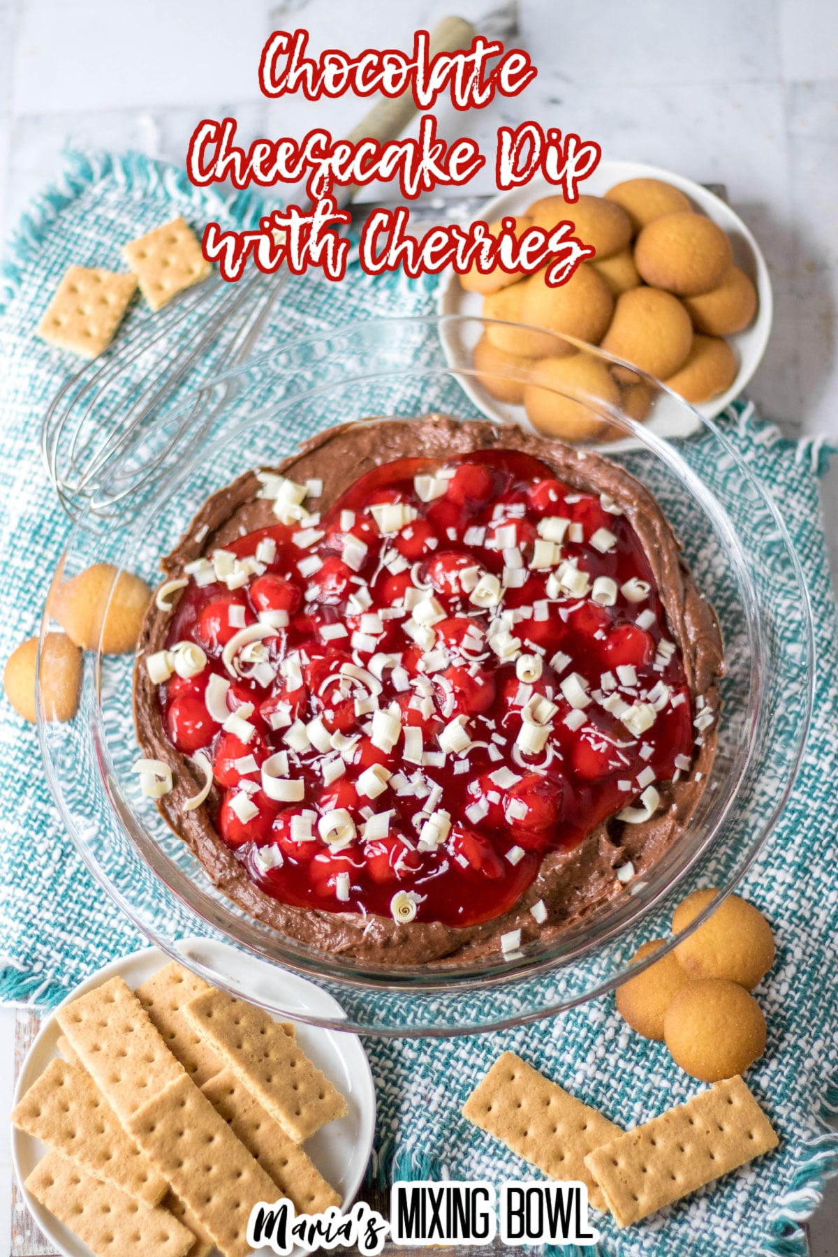 chocolate cheesecake dip with cherries on top with the name in text for pinterest
