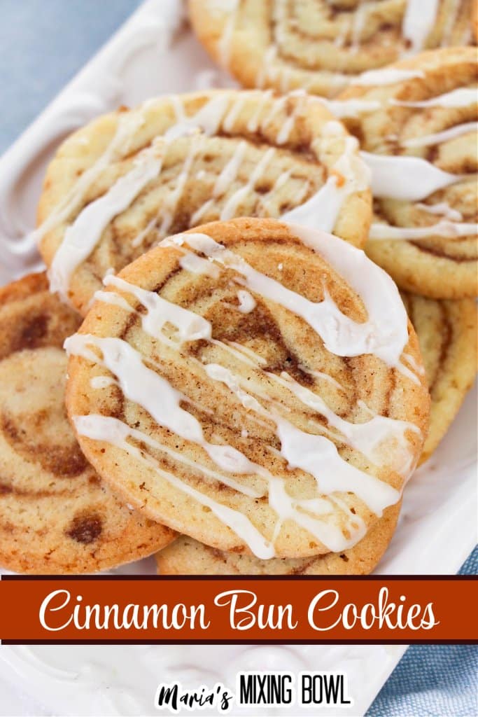 stack of cinnamon bun cookies on a white plate