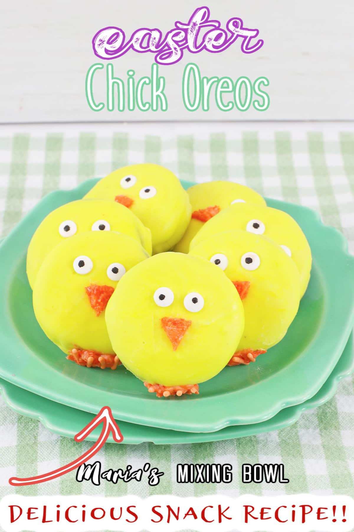 seven easter chick oreos on a green and white checkered napkin