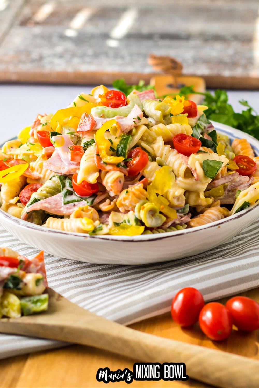 italian sub pasta salad in a large white bowl