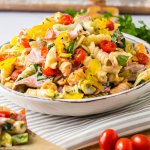 italian sub pasta salad in a white bowl