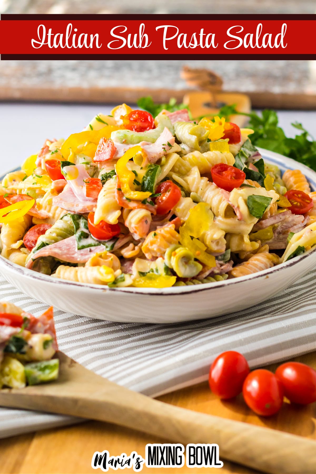 italian sub pasta salad in a white bowl