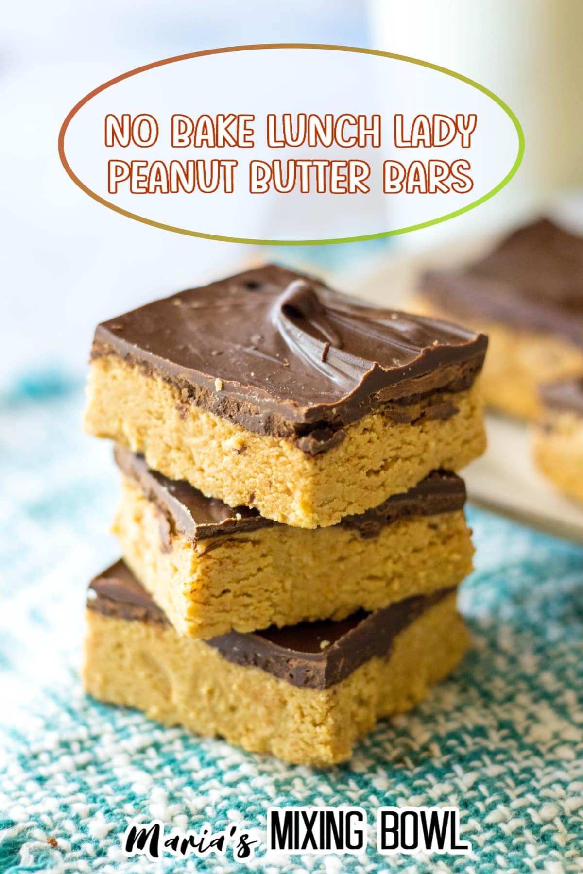 stack of three lunch lady peanut butter bars on a green and white napkin