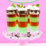 four mint shots on a clear glass cake stand with the name "mint vokda shooters" in text.