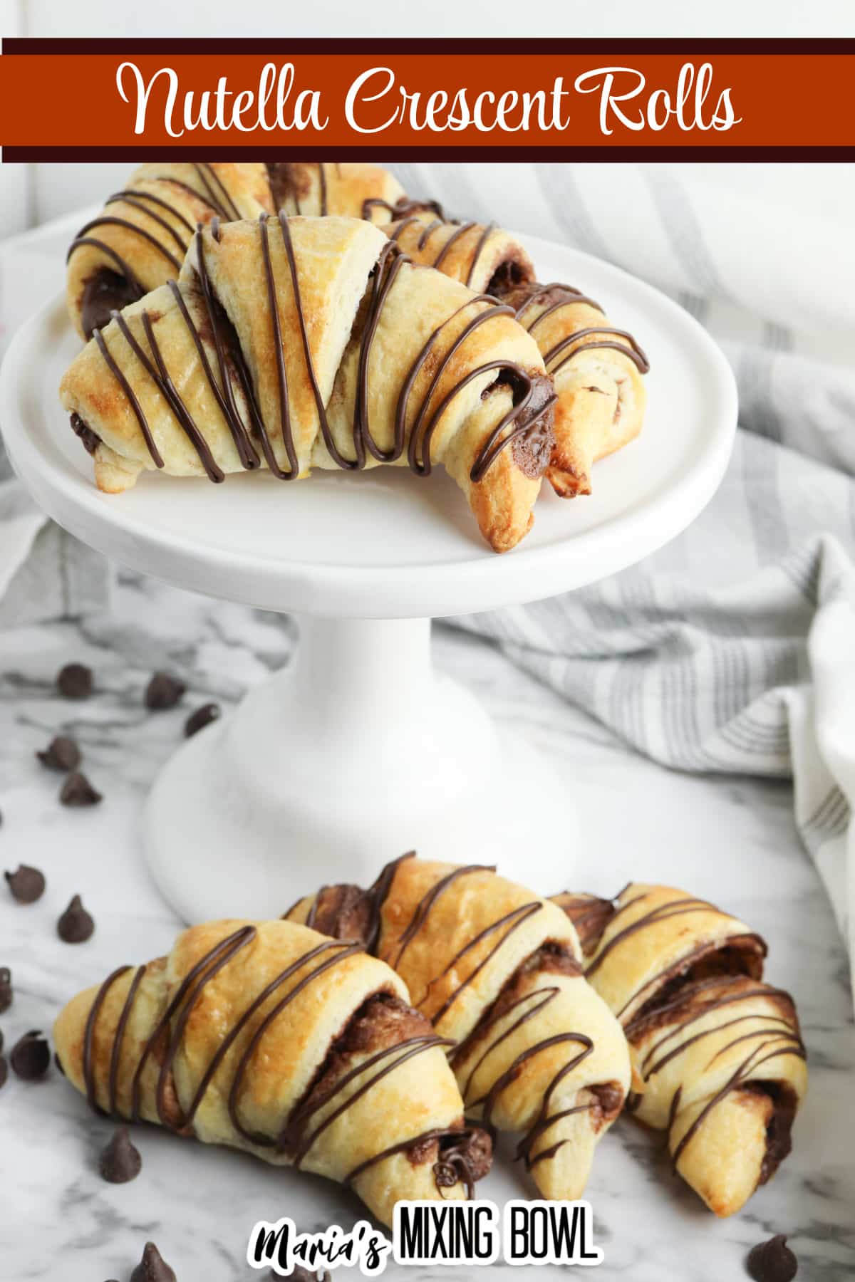 nutella crescent rolls on a white cake stand