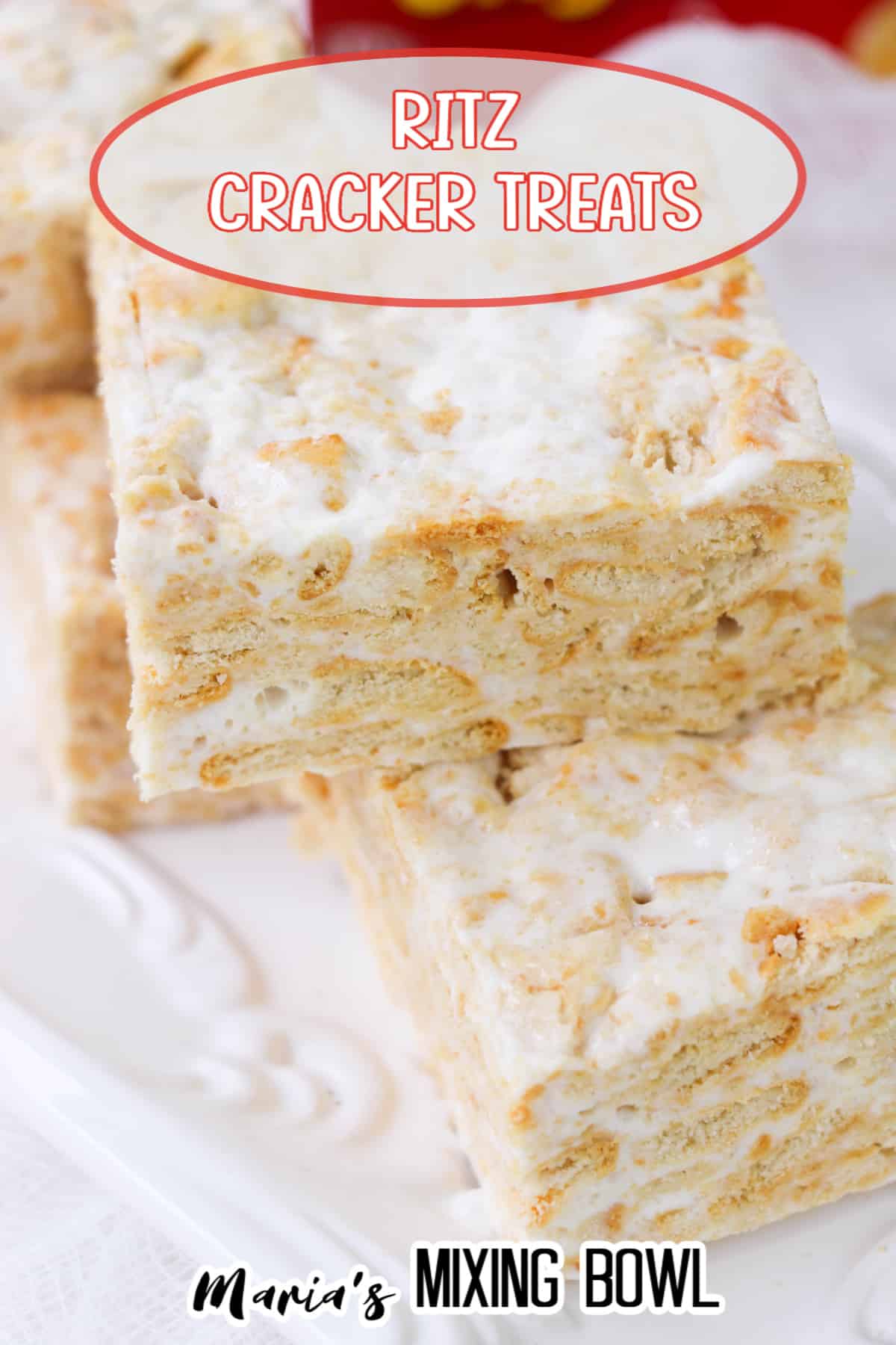 cut ritz cracker treats stacked on a white plate with the name in text for pinterest