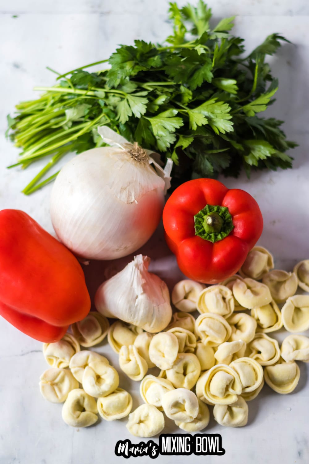 peppers, onions, garlic, herbs, and tortellini on a marble background