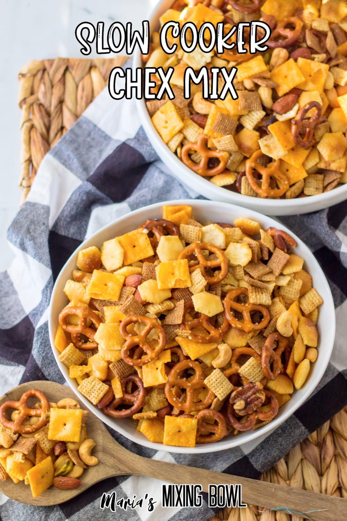 chex mix in a large white bowl with the name in text for pinterest