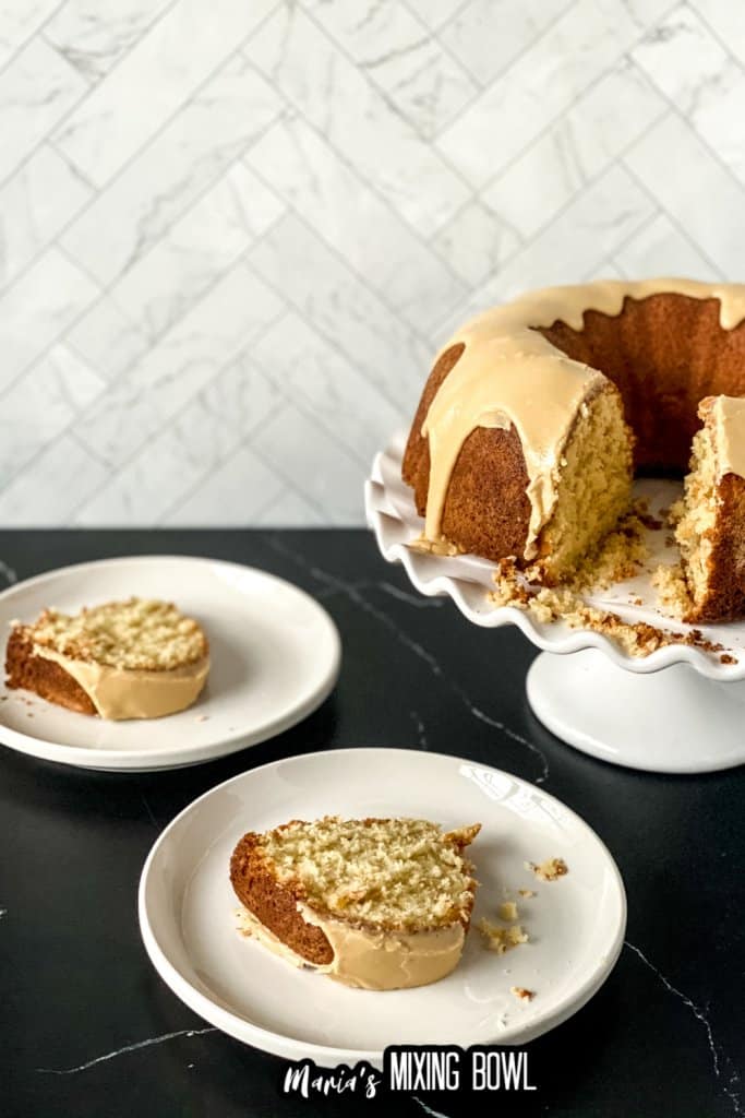 two slices of pound cake on a white plate