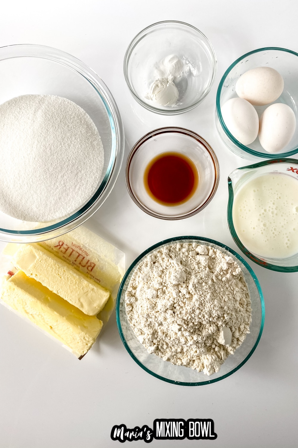 flour, sugar, eggs, buttermilk, butter, vanilla extract, salt, and baking powder in small glass bowls