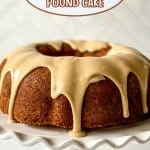 uncut buttermilk pound cake on a white cake stand with the name in text