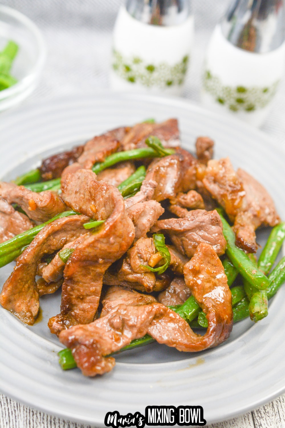 air fryer Mongolian beef on a gray plate