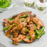 air fryer Mongolian beef on a gray plate