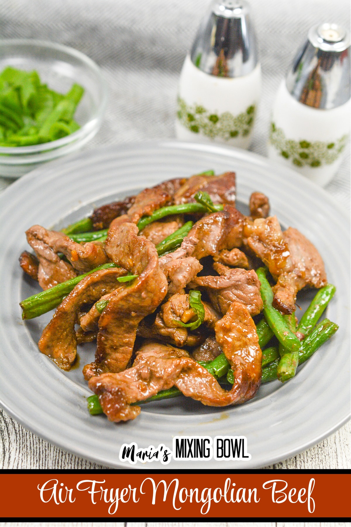 air fryer Mongolian beef on a gray plate