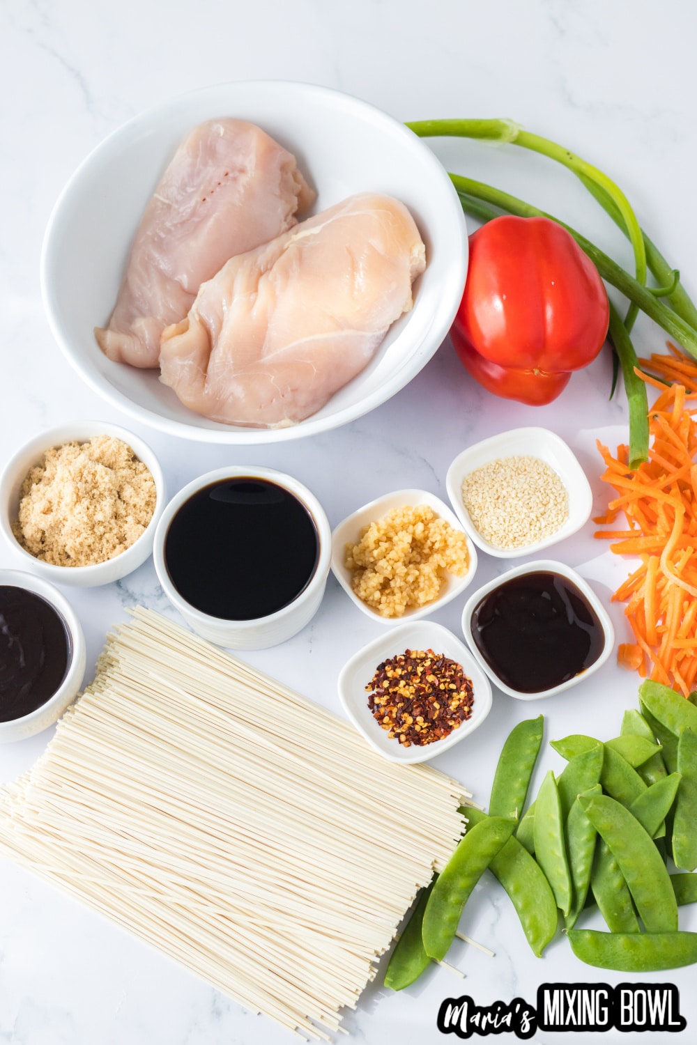 chicken breasts, bell pepper, green onion, shredded carrots, snow peas, lo mein noodles and seasonings on a white background