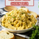 bowl of garlic parmesan chicken pasta on a white bowl
