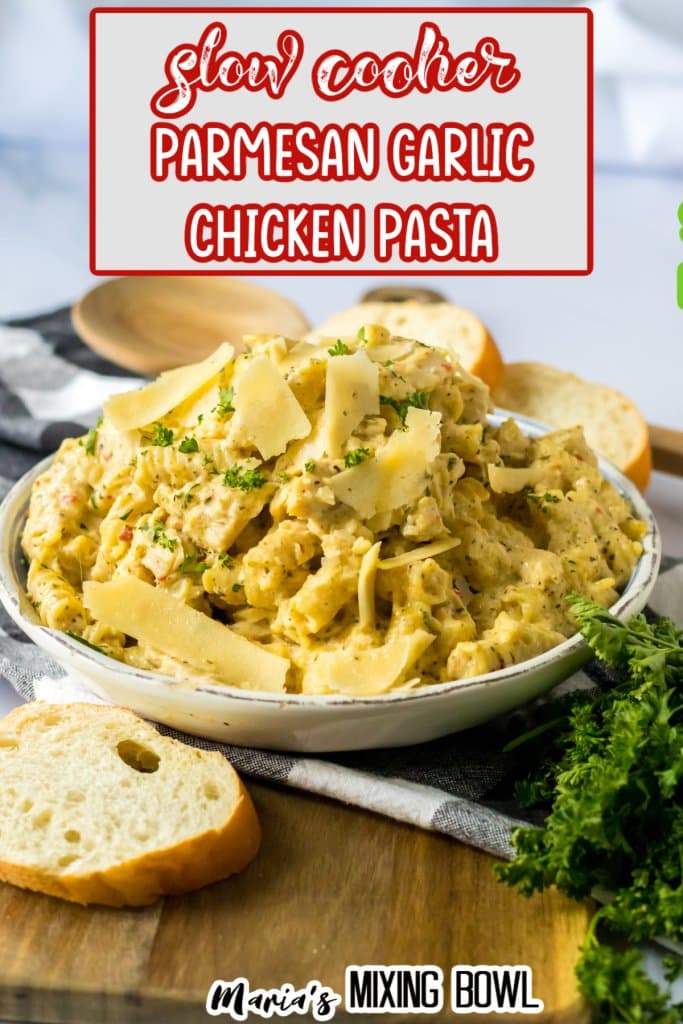 bowl of garlic parmesan chicken pasta on a white bowl