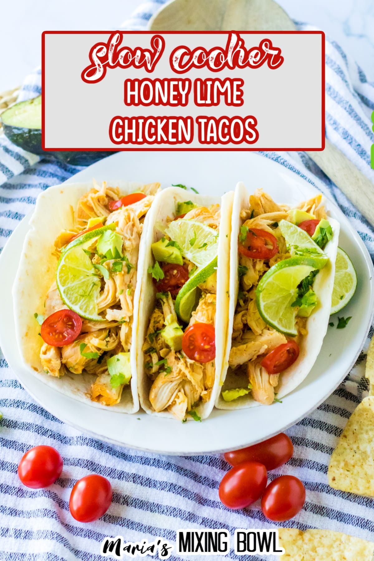 three honey lime chicken tacos on a white plate