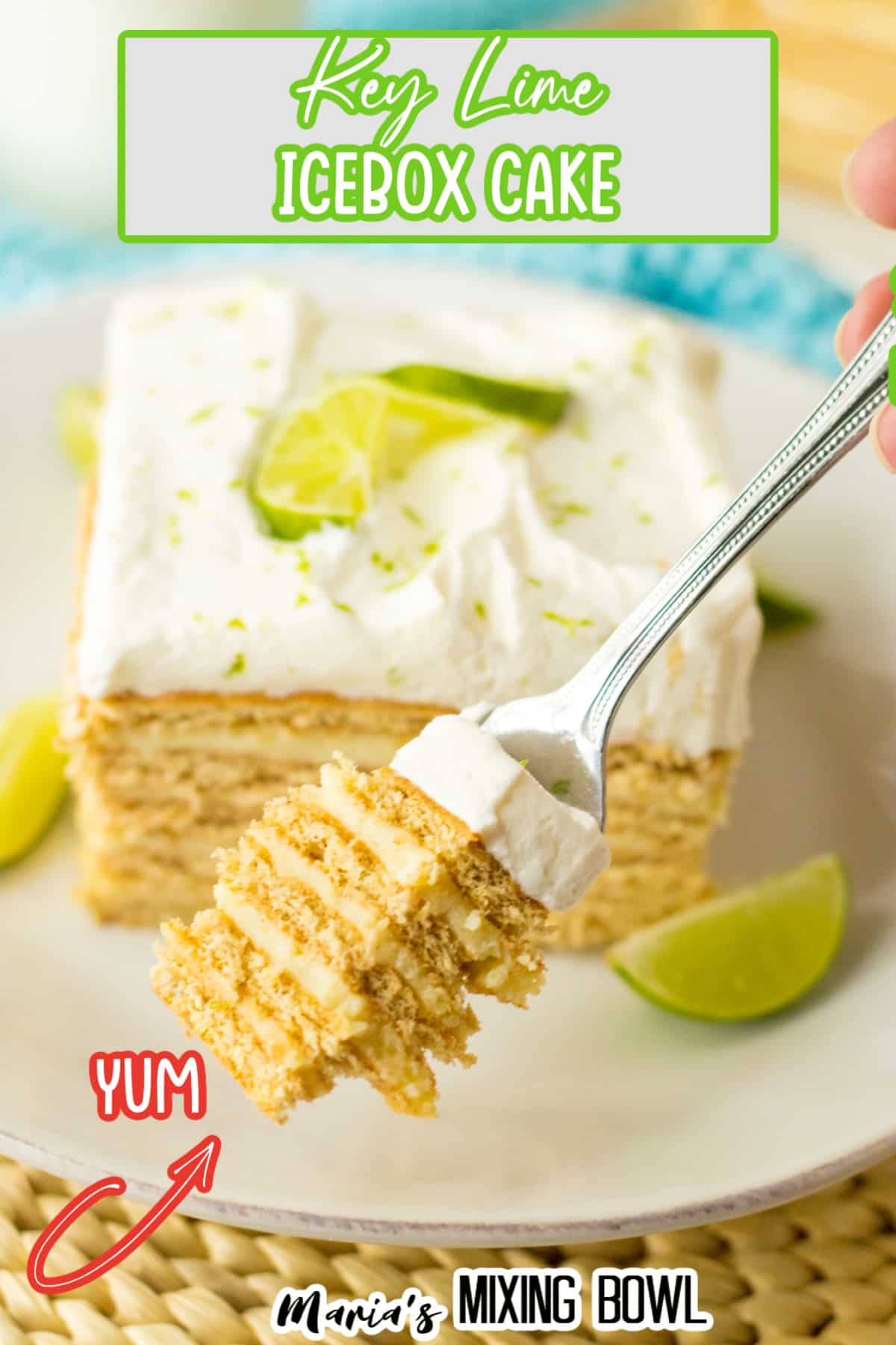 slice of key lime ice box cake on a white plate with lime wedges