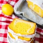 three slices of lemon loaf cake on a white plate