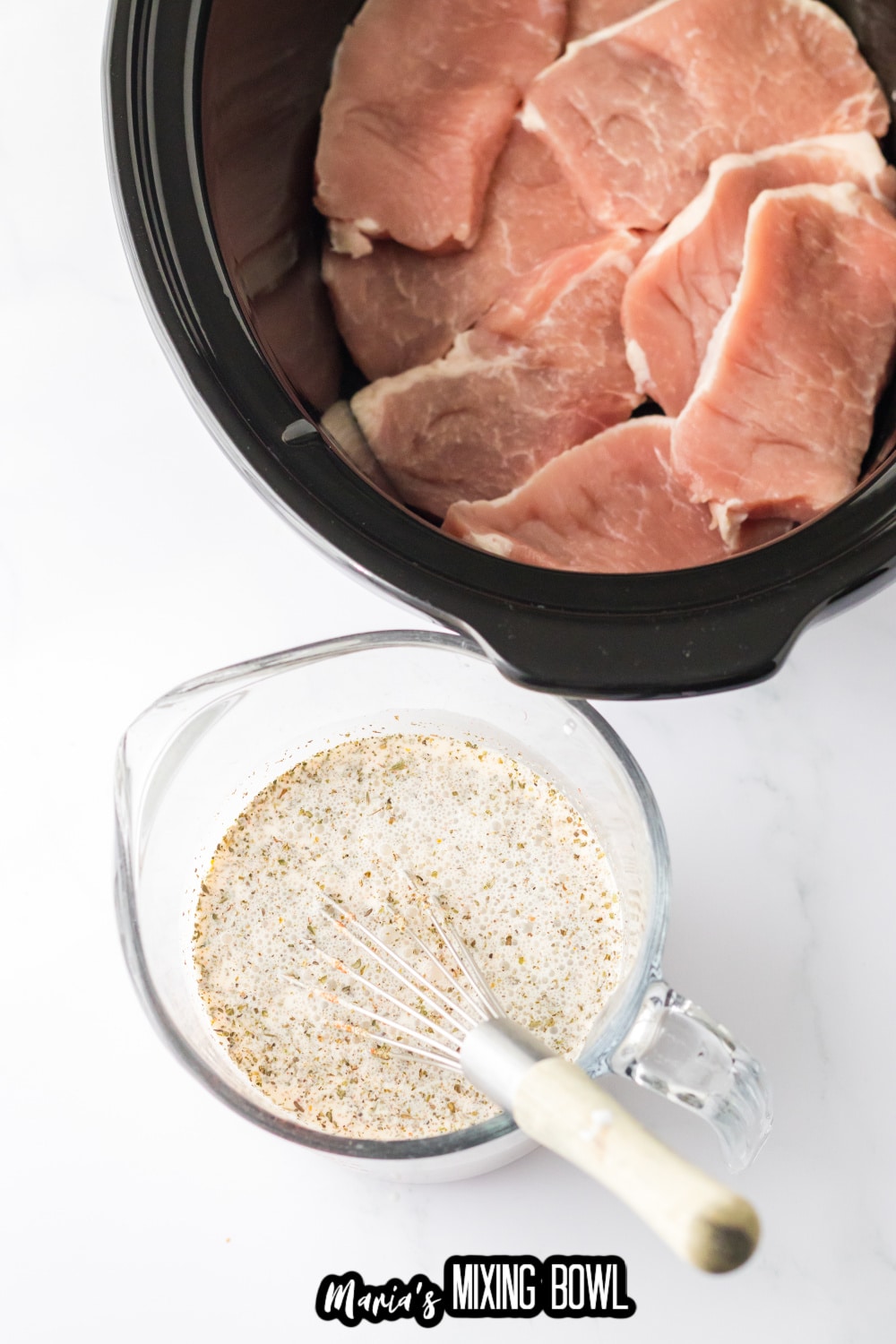 pork chops in a slow cooker with a sauce being made in a glass mixing bowl
