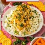 ritz cracker chicken breast on a bed of rice on a white plate