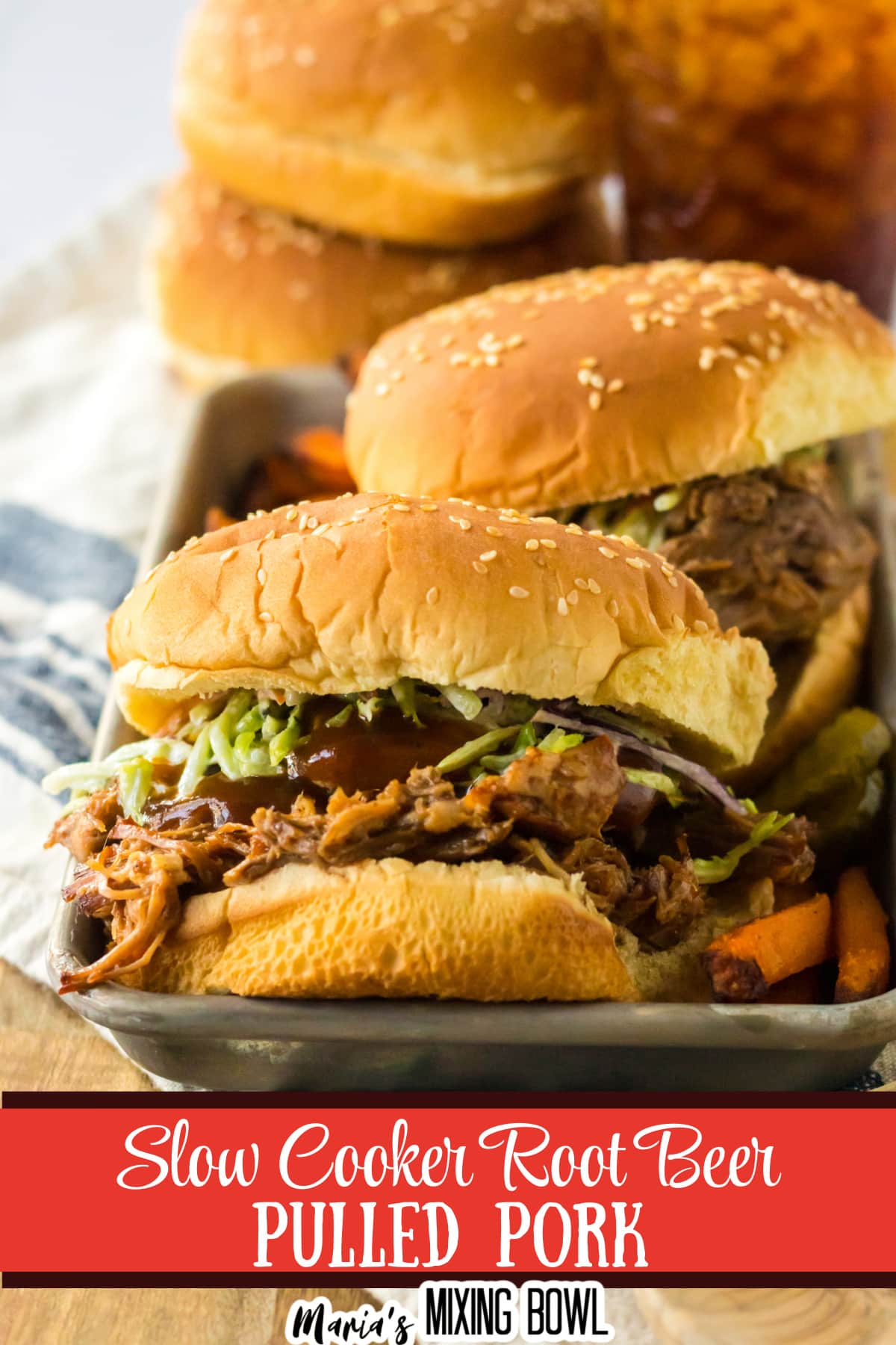 root beer pulled pork sandwiches on a metal serving tray