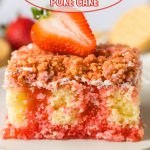 close up of a slice of strawberry crunch poke cake on an off white plate