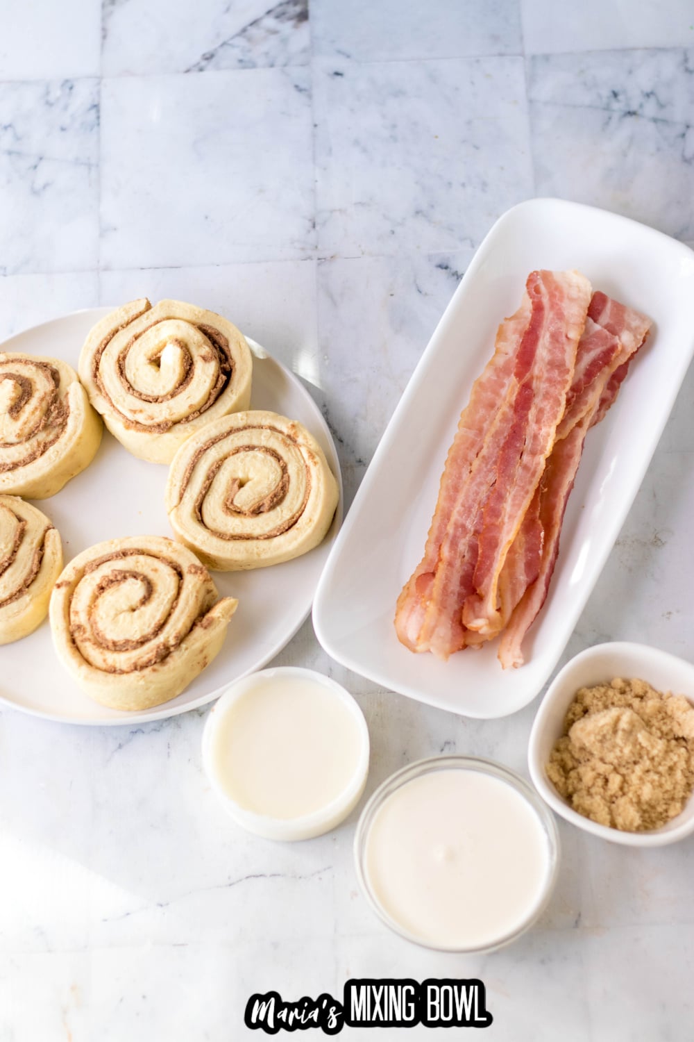 cinnamon rolls, bacon, icing, brown sugar, and heavy whipping cream