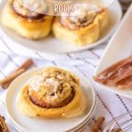 bacon cinnamon roll on three stacked small plate