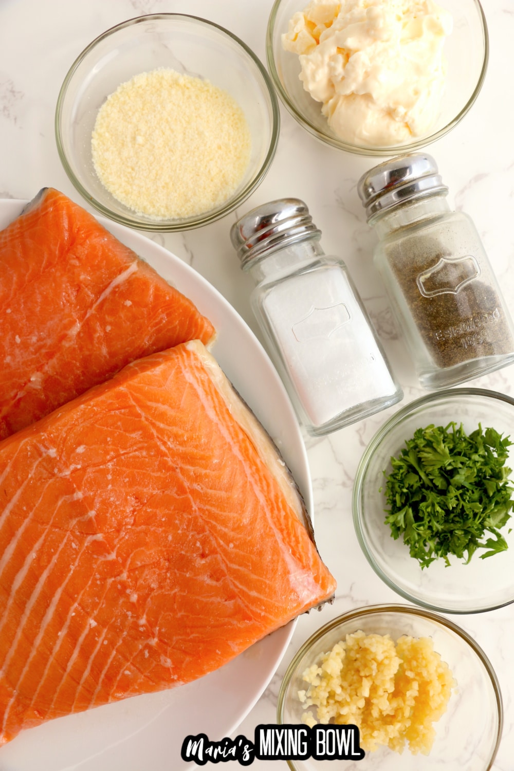 salmon fillets, parmesan cheese, mayo, salt, pepper, parsley and garlic on a white background