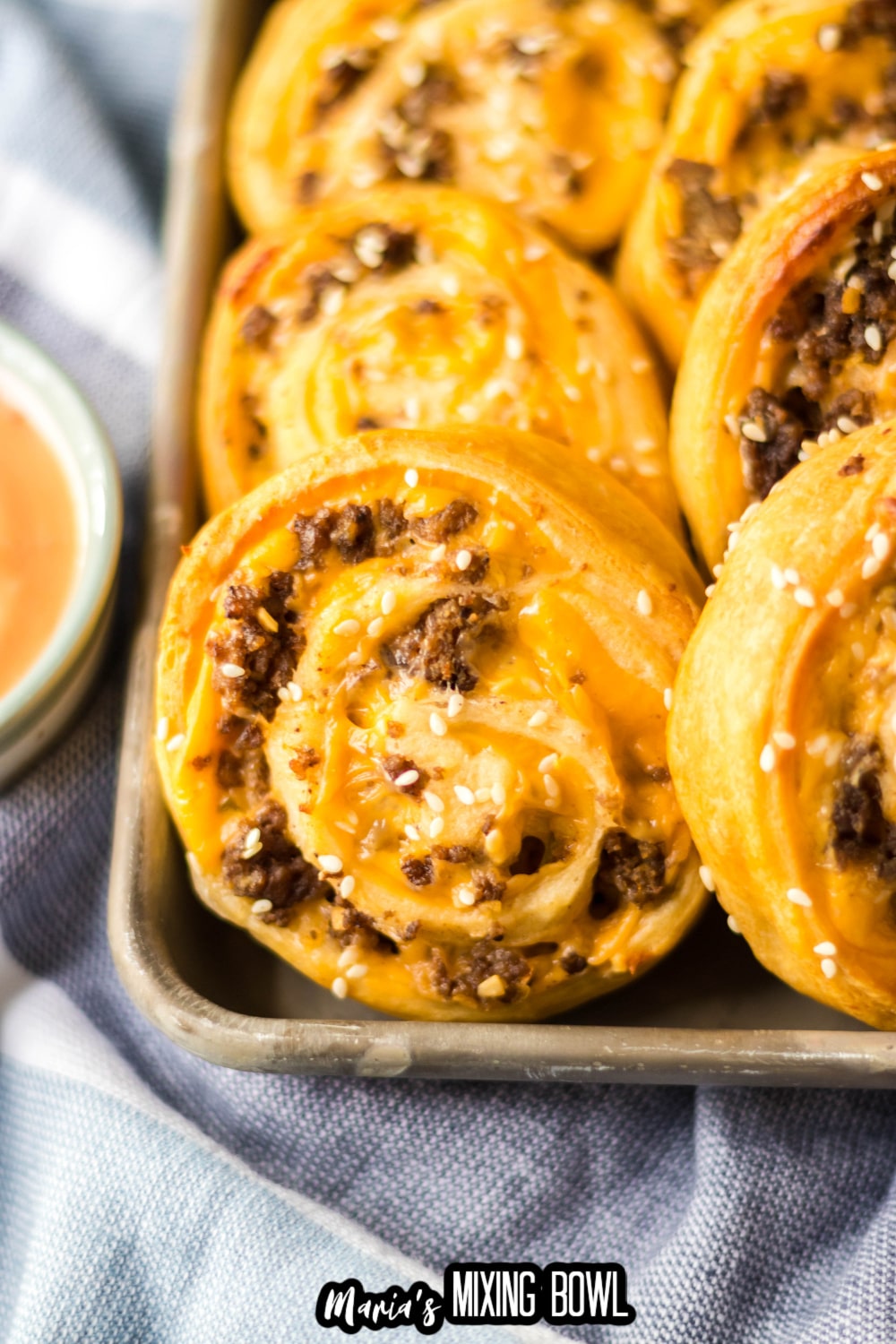 big mac pinwheels on a metal serving tray